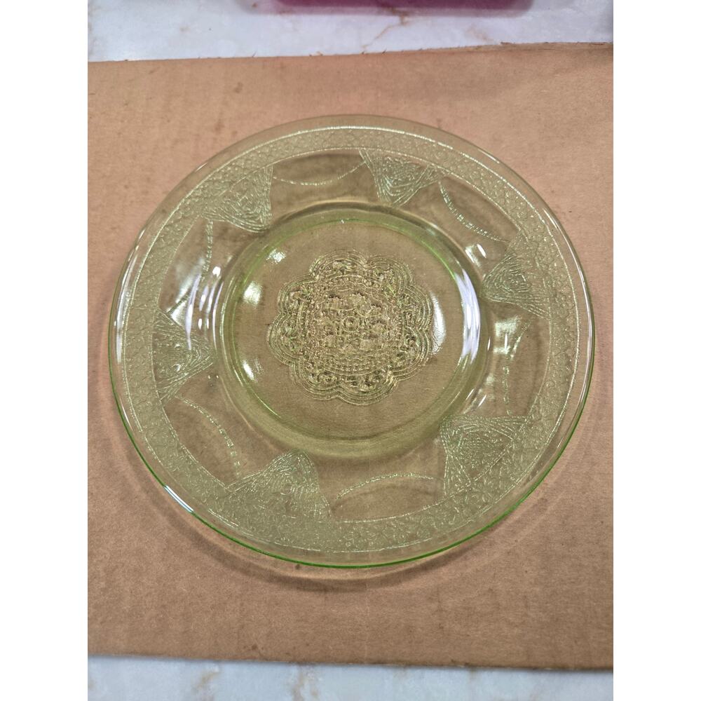 1 Uranium Glass Bread and Butter Dish Georgian Love Bird Pattern Federal Glass